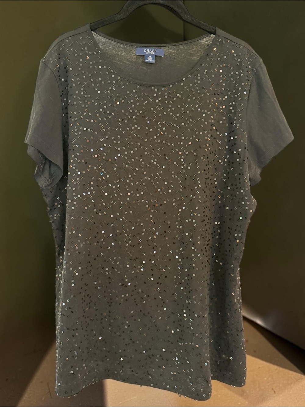Chaps Black Sequin Embellished Short Sleeve Tee Women's Size XL Sparkle Top